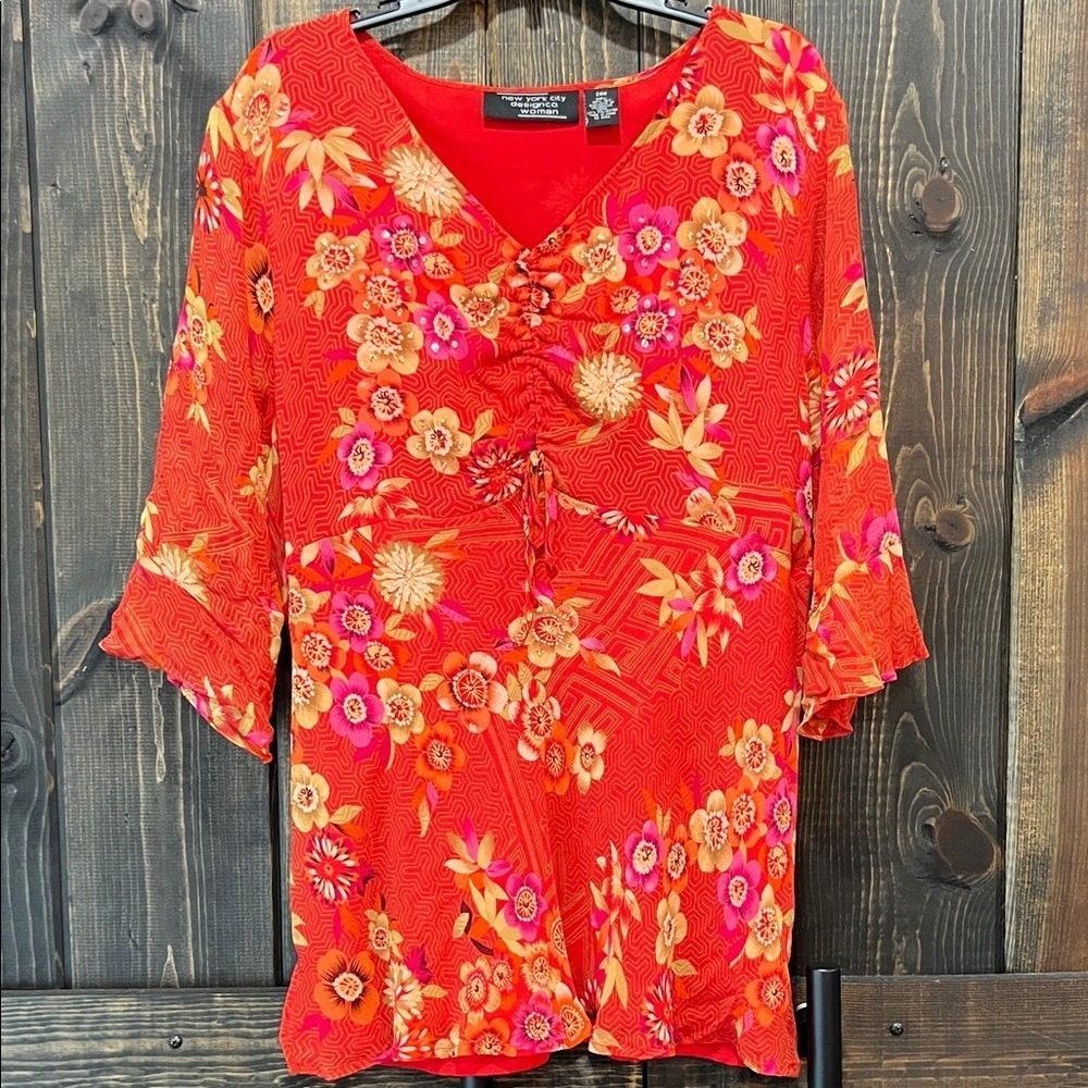 Vtg New York Design Co. Red Silk Floral Babydoll Top 24W Boho Y2K‎ Cottagecore
